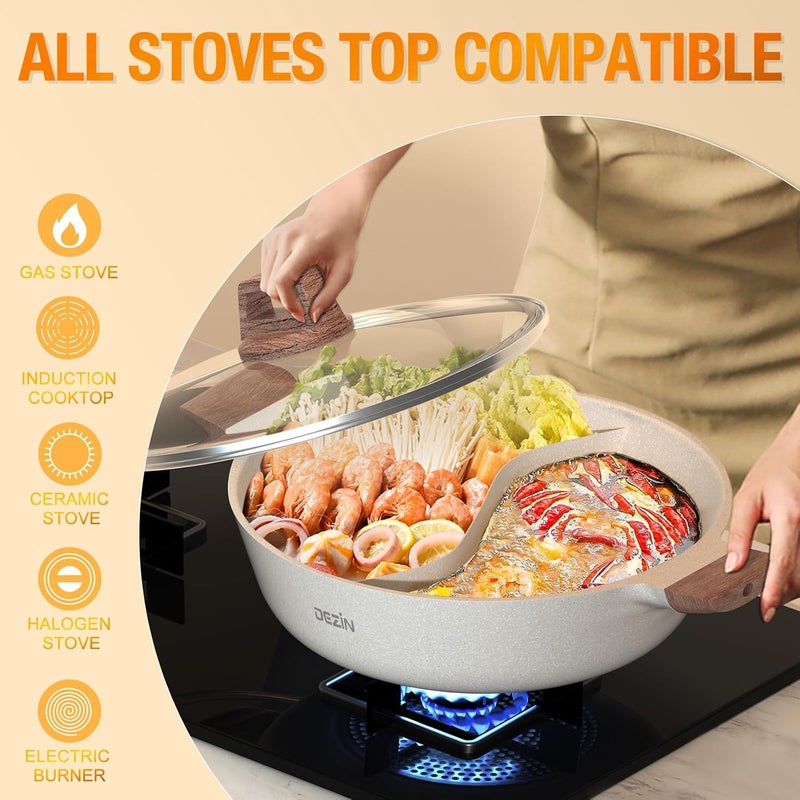 DEZIN 5-QT Double-flavor Shabu Shabu Pot with Divider, Dual Sided Nonstick Hot Pot, 12 Inch Divided Stockpot for Cooking, Hotpot for Induction Cooktop, Gas Stove & Hot Burner, Soup Ladle Included - Image 2